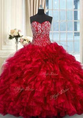 Red Organza Lace Up Sweet 16 Quinceanera Dress Sleeveless Brush Train Beading and Ruffles