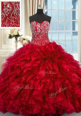 Red Organza Lace Up Sweet 16 Quinceanera Dress Sleeveless Brush Train Beading and Ruffles