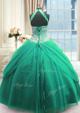 Suitable High-neck Sleeveless Lace Up Quinceanera Dress Turquoise Tulle