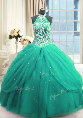 Suitable High-neck Sleeveless Lace Up Quinceanera Dress Turquoise Tulle