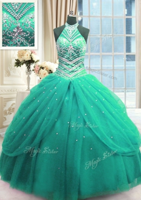 Suitable High-neck Sleeveless Lace Up Quinceanera Dress Turquoise Tulle