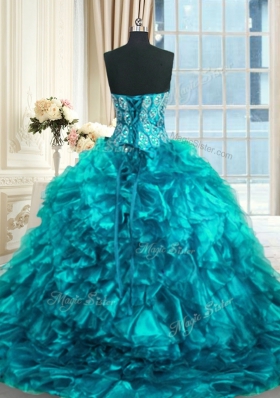 Teal Sleeveless Beading and Ruffles Lace Up Quinceanera Dresses