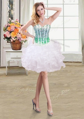 Three Piece Organza Sweetheart Sleeveless Lace Up Beading and Ruffles Ball Gown Prom Dress in White and Green