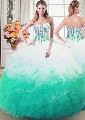 Three Piece Organza Sweetheart Sleeveless Lace Up Beading and Ruffles Ball Gown Prom Dress in White and Green