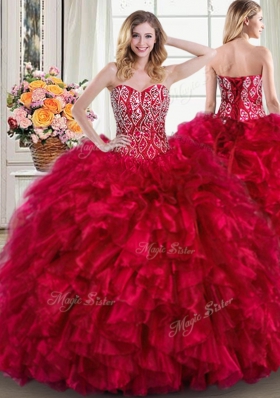 Three Piece Sweetheart Sleeveless Organza Ball Gown Prom Dress Beading and Ruffles Brush Train Lace Up