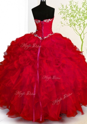 Ball Gowns Sweet 16 Dress Red Sweetheart Organza Sleeveless Floor Length Lace Up