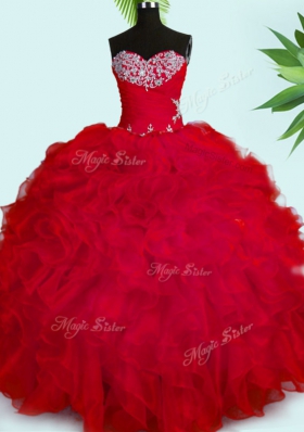 Ball Gowns Sweet 16 Dress Red Sweetheart Organza Sleeveless Floor Length Lace Up