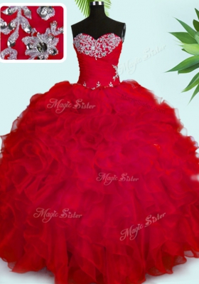 Ball Gowns Sweet 16 Dress Red Sweetheart Organza Sleeveless Floor Length Lace Up