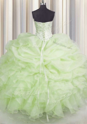 Beading and Ruffles Ball Gown Prom Dress Yellow Green Lace Up Sleeveless Floor Length