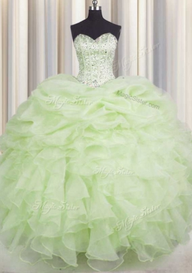 Beading and Ruffles Ball Gown Prom Dress Yellow Green Lace Up Sleeveless Floor Length