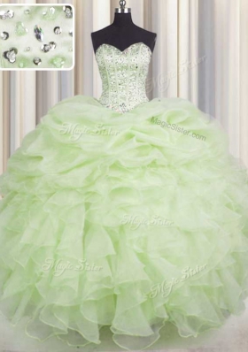 Beading and Ruffles Ball Gown Prom Dress Yellow Green Lace Up Sleeveless Floor Length