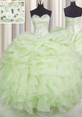 Beading and Ruffles Ball Gown Prom Dress Yellow Green Lace Up Sleeveless Floor Length