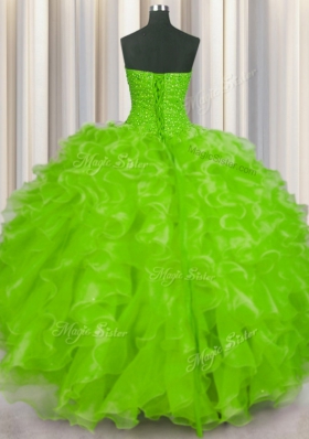 Beading and Ruffles Quinceanera Dresses Yellow Green Lace Up Sleeveless Floor Length