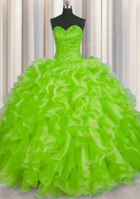 Beading and Ruffles Quinceanera Dresses Yellow Green Lace Up Sleeveless Floor Length