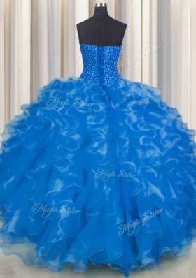Blue Ball Gowns Organza Sweetheart Sleeveless Beading and Ruffles Floor Length Lace Up Quinceanera Dresses
