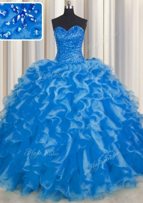 Blue Ball Gowns Organza Sweetheart Sleeveless Beading and Ruffles Floor Length Lace Up Quinceanera Dresses