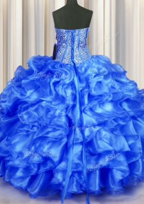 Blue Lace Up Sweetheart Beading and Ruffles Ball Gown Prom Dress Organza Sleeveless