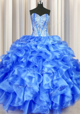 Blue Lace Up Sweetheart Beading and Ruffles Ball Gown Prom Dress Organza Sleeveless