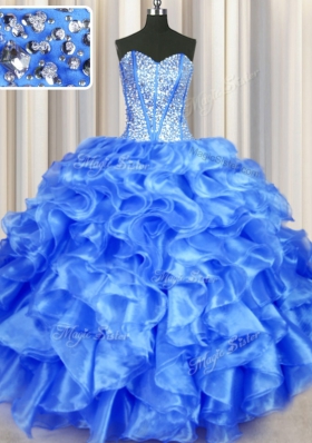 Blue Lace Up Sweetheart Beading and Ruffles Ball Gown Prom Dress Organza Sleeveless