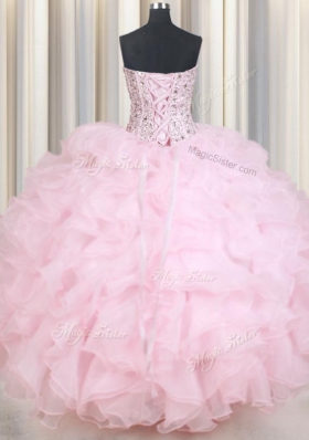 Charming Baby Pink Sleeveless Organza Lace Up 15th Birthday Dress for Military Ball and Sweet 16 and Quinceanera