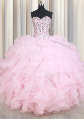 Charming Baby Pink Sleeveless Organza Lace Up 15th Birthday Dress for Military Ball and Sweet 16 and Quinceanera