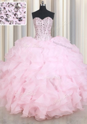 Charming Baby Pink Sleeveless Organza Lace Up 15th Birthday Dress for Military Ball and Sweet 16 and Quinceanera