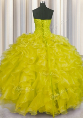 Chic Floor Length Lace Up Quinceanera Dresses Yellow and In for Military Ball and Sweet 16 and Quinceanera with Beading and Ruffles
