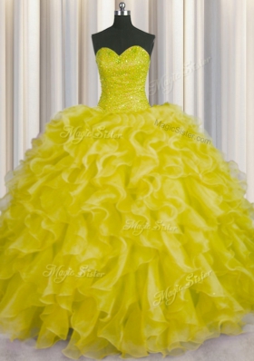 Chic Floor Length Lace Up Quinceanera Dresses Yellow and In for Military Ball and Sweet 16 and Quinceanera with Beading and Ruffles