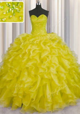 Chic Floor Length Lace Up Quinceanera Dresses Yellow and In for Military Ball and Sweet 16 and Quinceanera with Beading and Ruffles