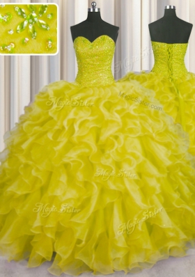 Chic Floor Length Lace Up Quinceanera Dresses Yellow and In for Military Ball and Sweet 16 and Quinceanera with Beading and Ruffles