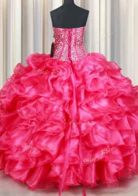 Coral Red Ball Gowns Beading and Ruffles Quince Ball Gowns Lace Up Organza Sleeveless Floor Length