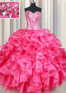 Coral Red Ball Gowns Beading and Ruffles Quince Ball Gowns Lace Up Organza Sleeveless Floor Length