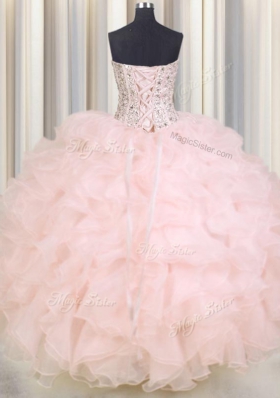 Customized Baby Pink Ball Gowns Beading and Ruffles Quinceanera Gowns Lace Up Organza Sleeveless Floor Length