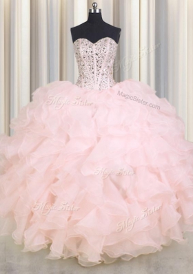 Customized Baby Pink Ball Gowns Beading and Ruffles Quinceanera Gowns Lace Up Organza Sleeveless Floor Length