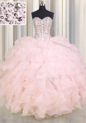 Customized Baby Pink Ball Gowns Beading and Ruffles Quinceanera Gowns Lace Up Organza Sleeveless Floor Length