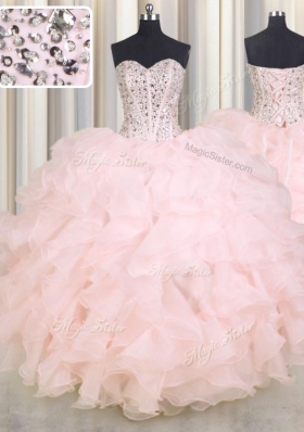 Customized Baby Pink Ball Gowns Beading and Ruffles Quinceanera Gowns Lace Up Organza Sleeveless Floor Length