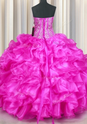 Edgy Organza Sweetheart Sleeveless Lace Up Beading and Ruffles 15th Birthday Dress in Fuchsia
