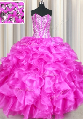 Edgy Organza Sweetheart Sleeveless Lace Up Beading and Ruffles 15th Birthday Dress in Fuchsia