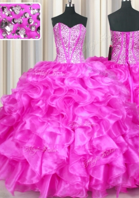 Edgy Organza Sweetheart Sleeveless Lace Up Beading and Ruffles 15th Birthday Dress in Fuchsia