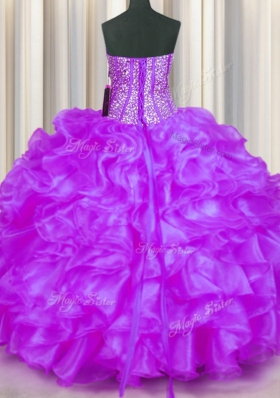 Eggplant Purple Ball Gowns Beading and Ruffles Sweet 16 Quinceanera Dress Lace Up Organza Sleeveless Floor Length