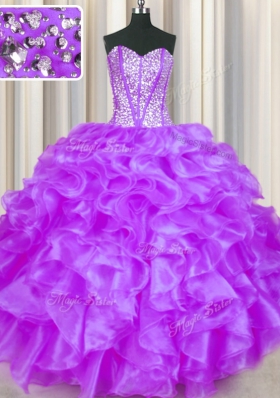 Eggplant Purple Ball Gowns Beading and Ruffles Sweet 16 Quinceanera Dress Lace Up Organza Sleeveless Floor Length