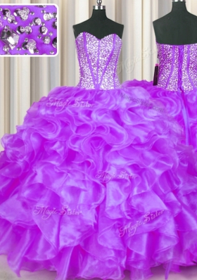 Eggplant Purple Ball Gowns Beading and Ruffles Sweet 16 Quinceanera Dress Lace Up Organza Sleeveless Floor Length