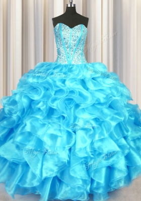 Enchanting Aqua Blue Sweet 16 Quinceanera Dress Military Ball and Sweet 16 and Quinceanera and For with Beading and Ruffles Sweetheart Sleeveless Lace Up