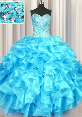 Enchanting Aqua Blue Sweet 16 Quinceanera Dress Military Ball and Sweet 16 and Quinceanera and For with Beading and Ruffles Sweetheart Sleeveless Lace Up