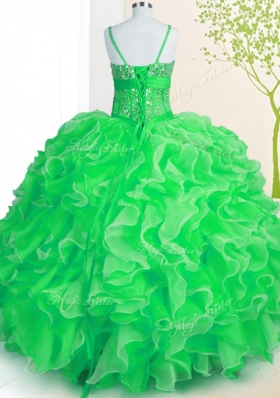 Eye-catching Spaghetti Straps Sleeveless Quinceanera Gown Floor Length Beading and Ruffles Green Organza