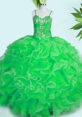 Eye-catching Spaghetti Straps Sleeveless Quinceanera Gown Floor Length Beading and Ruffles Green Organza