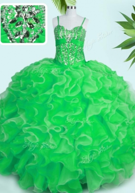 Eye-catching Spaghetti Straps Sleeveless Quinceanera Gown Floor Length Beading and Ruffles Green Organza