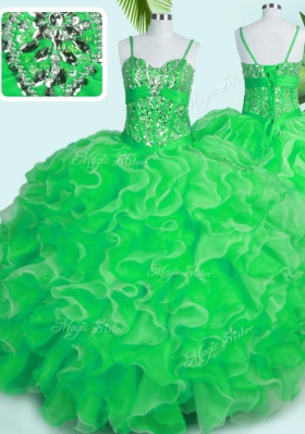 Eye-catching Spaghetti Straps Sleeveless Quinceanera Gown Floor Length Beading and Ruffles Green Organza