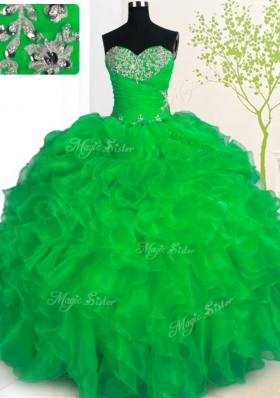 Fancy Organza Sweetheart Sleeveless Lace Up Beading and Ruffles Quinceanera Dress in Green