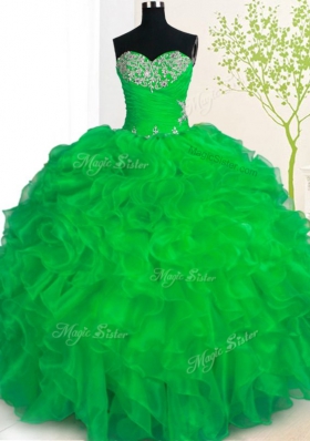 Fancy Organza Sweetheart Sleeveless Lace Up Beading and Ruffles Quinceanera Dress in Green